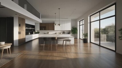 Smooth aerial rise from couch revealing spacious modern open plan living interior warm inviting home