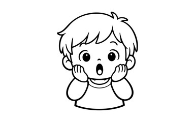 Obraz premium Cute cartoon boy with surprised expression, hands on cheeks, black and white outline