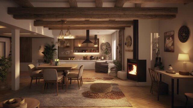 Camera gently rises from cozy sofa revealing warm inviting open concept living interior modern home