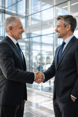 Fototapeta premium Two businessmen shaking hands in a modern office space
