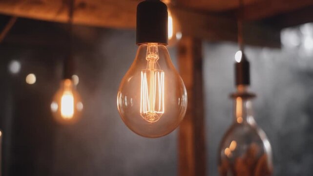 Close view glowing filament bulb hanging in rustic interior with warm blurred lights cozy ambience