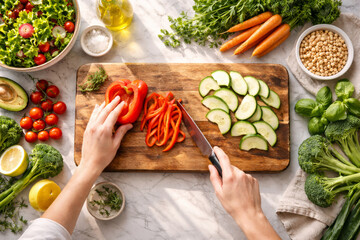 Fresh vegetables being chopped on wooden cutting board in kitchen