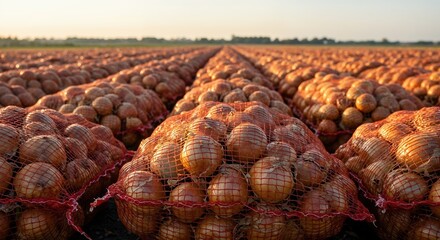 Numerous mesh bags filled with freshly harvested brown onions are neatly arranged in long rows across a vast agricultural field at golden hour, symbolizing abundant yield.