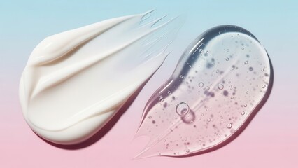 Two contrasting cosmetic swatches, a white moisturizing cream and a clear gel, are cleanly smeared in a close-up studio shot against a soft pastel pink and blue gradient background
