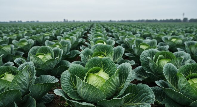 Numerous lush green cabbage plants grow in neat rows across a vast agricultural field under an overcast sky, symbolizing organic farming and sustainable food production.