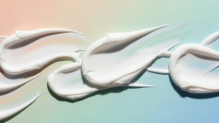 Obraz premium A detailed macro shot captures thick, glossy streaks of white cosmetic cream swiped across a soft pastel gradient background in a clean studio setting.