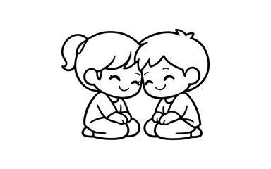 Fototapeta premium Cute cartoon children sitting together with heads touching and smiling happily
