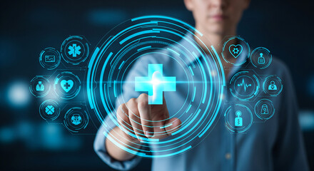 Doctor hand with stethoscope and Ui icon medical in hospital with medical technology network concept.