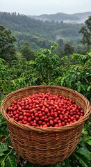 A wicker basket overflows with vibrant red coffee cherries, freshly harvested from a lush plantation with misty green mountains in the background, symbolizing nature's bounty.