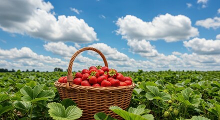A wicker basket filled with ripe red strawberries sits in a vibrant green strawberry field under a bright blue sky with fluffy white clouds, symbolizing a bountiful summer harvest.