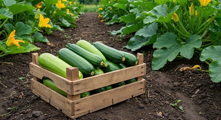 A rustic wooden crate overflows with freshly harvested green zucchini, resting on rich soil amidst vibrant yellow-flowered plants in a sunny garden, symbolizing organic farming.