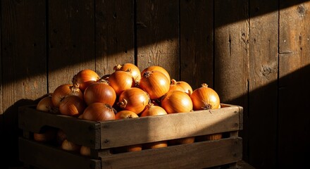 Golden-brown onions are piled abundantly in a rustic wooden crate, illuminated by a dramatic shaft of sunlight against a dark plank wall, symbolizing a bountiful harvest.