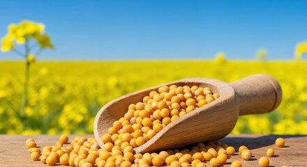 A wooden scoop filled with vibrant yellow mustard seeds rests on a rustic table, set against a blurred blooming rapeseed field under a clear blue sky, symbolizing natural agriculture and healthy food.
