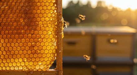 A close-up of a golden honeycomb frame brimming with sweet honey and active bees, beautifully backlit by warm sunset light, symbolizing natural beekeeping and sustainability.