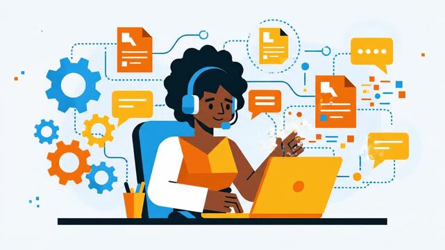 Woman wearing headset working on laptop.