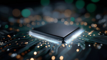 Digital Core: A captivating close-up of a central processing unit (CPU) showcasing the heart of modern technology with intricate circuits.