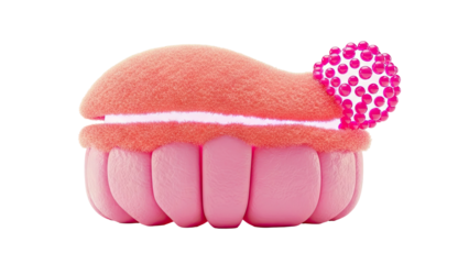 3D illustration of a stylized macaron with pink frosting and fillings