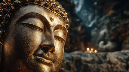 Serene Enlightenment: A close-up captures the tranquil visage of a golden buddha statue, radiating peace amidst a dimly lit grotto, candles softly flickering in the background. 