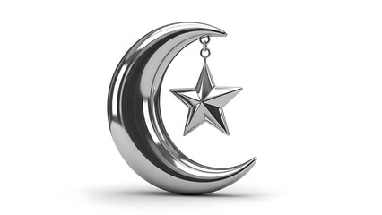 Silver crescent moon with hanging star ornament on white background