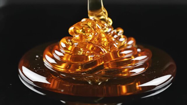 Honey pouring onto a reflective surface