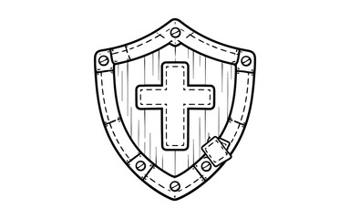 Fototapeta premium Christian cross shield emblem with stitched leather and metal accents