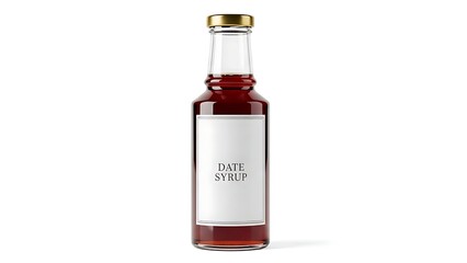 Glass bottle of date syrup with gold cap and white label