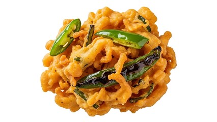 Fried crispy snack food with green chili peppers on top is a tasty Indian street food