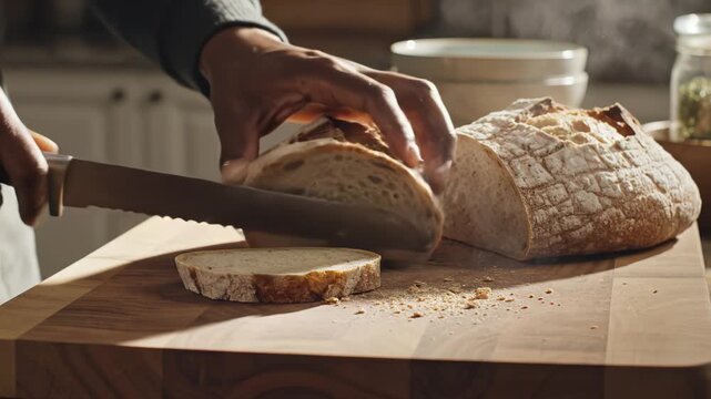 Person slicing artisan bread on wooden board