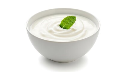 White yogurt in a bowl with a mint leaf on top is a healthy snack