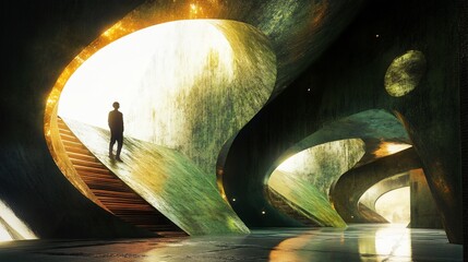 A Man Standing on the Stairs in an Enigmatic, Futuristic Structure