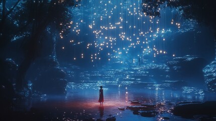 Enchanting evening reflections, A lone figure beneath twinkling lights
