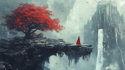 A solitary figure in red amidst a surreal landscape with castle