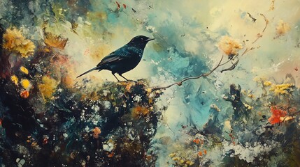 Artistic rendition of a blackbird perched amidst an abstract landscape