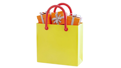 Yellow shopping bag with orange gift boxes and red handles