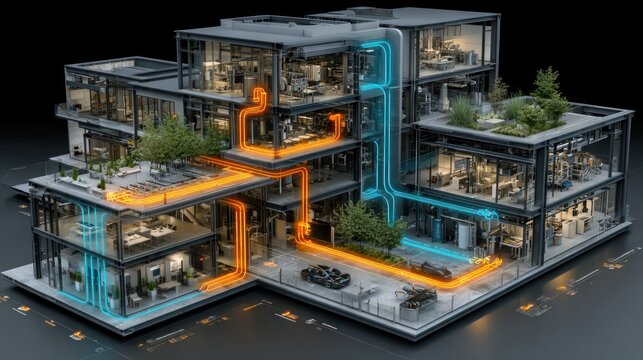 Modern Architectural Building with Illuminated Internal Systems and Green Spaces
