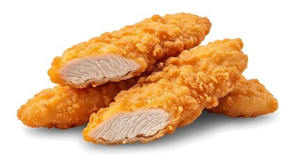 Crispy fried chicken tenders on white background cut and stacked