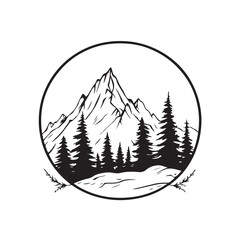 Vector illustration of a beautiful mountain landscape icon, featuring harmonious silhouettes of mountains, sky and natural elements.