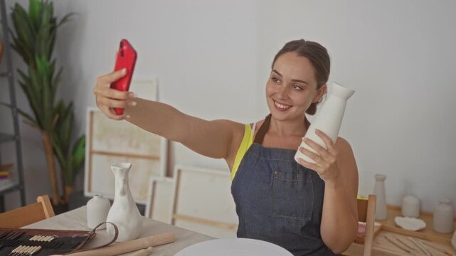 Woman potter wearing denim apron holding white ceramic vase and red smartphone takes selfie at pottery table with tools in studio; craft creativity joy.