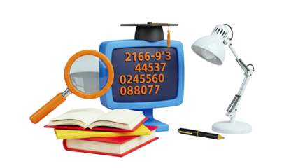 Educational symbols: Magnifying glass, books, monitor with codes, lamp, pen