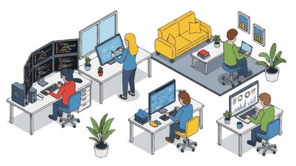 Modern office space with employees working on computers and collaborating.