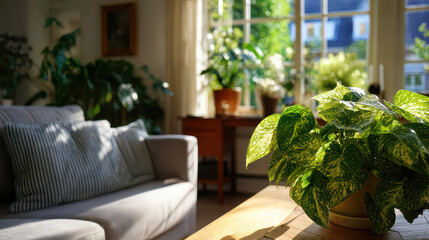 Sunlit serenity of a cozy living room with a houseplant and soft lighting, evokes a feeling of peace and warmth.