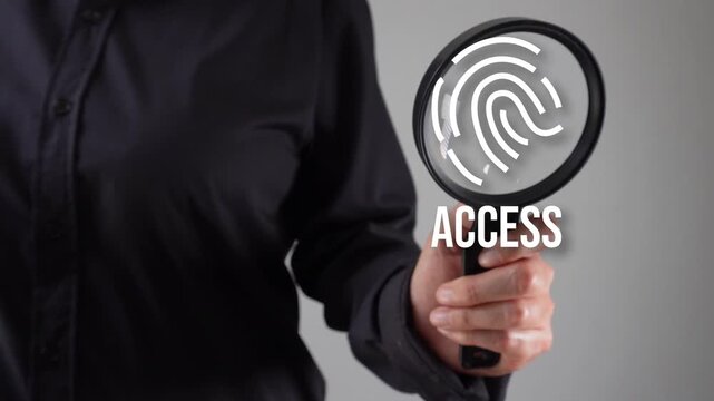 Biometric data for access. Businesswoman holding a magnifying glass analyzing a floating fingerprint icon with the word "Access"