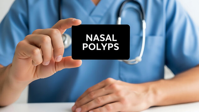 Doctor holding black card with text nasal polyps white background medical health care