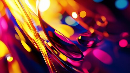 Vibrant Abstract Liquid Forms with Bokeh Lights and Glossy Reflections