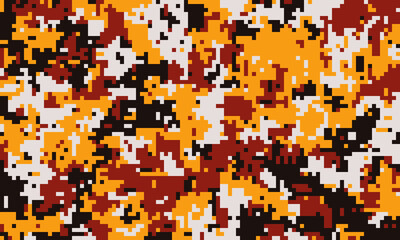 Fototapeta premium Abstract pixelated camouflage pattern in warm tones of orange, red, black, and white. Perfect for backgrounds, textiles, or digital designs needing a bold, modern aesthetic.