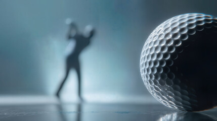 Focus on the precise moment of impact: A meticulously detailed golf ball takes center stage as a golfer readies for a perfect swing, poised against a subtly illuminated backdrop. 