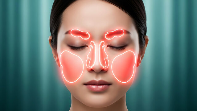 Woman with glowing red sinus cavities highlighted on face female head anatomy