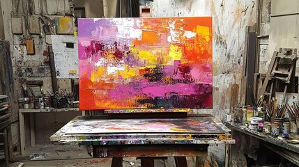 Vibrant Expression, A Captivating Abstract Painting on Canvas in Studio Setting
