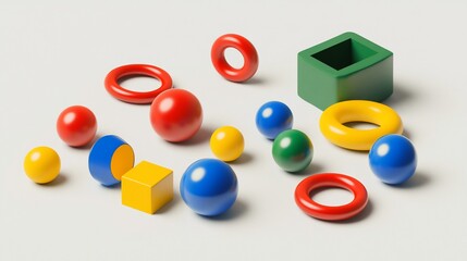 Geometric Arrangement, Colorful Spheres, Cubes, and Rings in Playful Display