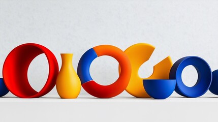 Colorful Arrangement of Geometric Shapes on White Background in Studio